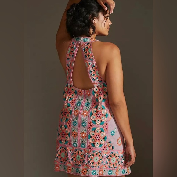 ANTHROPOLOGIE EMBROIDERY & APPLIQUED SHIFT DRESS SIZE 12 PINK ORANGE - Picture 8 of 16